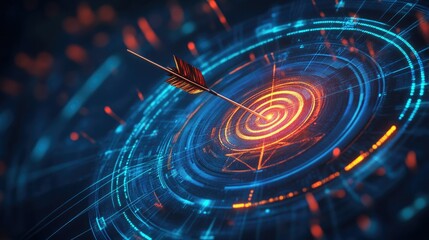 Futuristic Digital Target with Arrow Hitting Center, Abstract Circular Design, Neon Lights and Glowing Elements in High-Tech Environment for Visual Themes of Precision and Focus