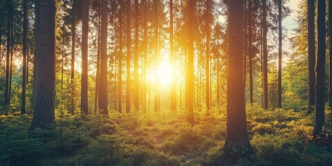 Obraz premium Stunning sunset and sunrise create a beautiful scene, with sunshine illuminating a coniferous forest. Sunlight and sunbeams filter through the woods, showcasing a panoramic forest landscape.