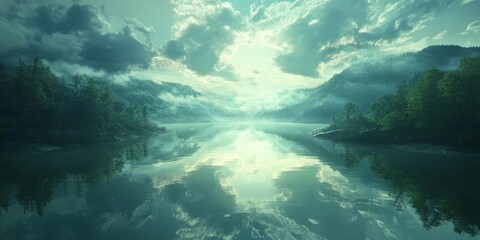 Calm river showcasing a stunning sky reflection, where the tranquil waters mirror the beauty of the sky above, creating a serene and picturesque landscape of the sky and river harmony.