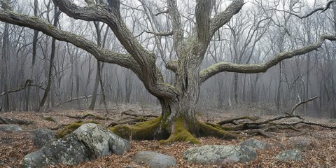 Atypical tree showcasing multiple trunks and branches, adorned with moss and surrounded by dead leaves in spring, highlights the invasion of nature and the resilience of invasive species.