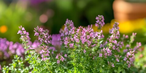 Fototapeta premium Thyme flowers in a vibrant vegetable garden showcase the beauty of thyme and highlight the delicate charm of thyme in full bloom, creating a picturesque scene in any garden setting.