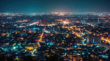 Fototapeta premium A breathtaking aerial view of a vibrant urban skyline illuminated by countless city lights at night, showcasing the intricate patterns of urban life and energy.