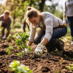 A woman volunteer planting a tree with several people around, promoting eco-friendly and sustainable living