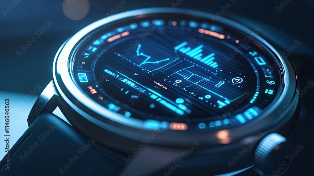 Poster close-up view of a futuristic smartwatch displaying data metrics and graphs with a minimalist design