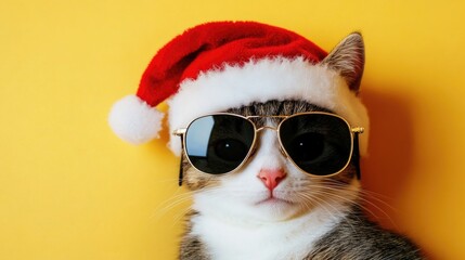 A cat wearing sunglasses and a Santa hat