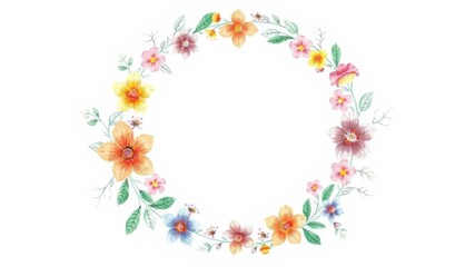 Pastel floral wreath frame with colorful leaves and flowers for white background, white space, natural, drawing