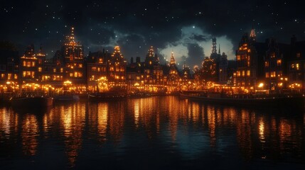 Obraz premium Enchanting Night View of a Vibrant Cityscape with Illuminated Buildings and Reflection in Water, Under a Starry Sky with Dramatic Clouds