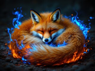 Fototapeta premium Sleeping Fox Encircled by Magical Blue and Orange Flames