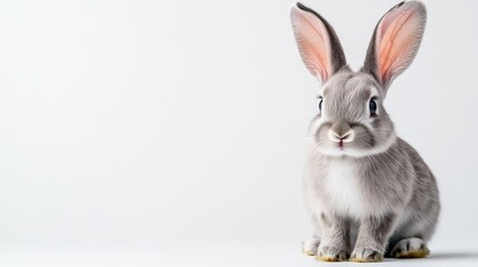 Fototapeta premium Cute grey bunny rabbit on white background.