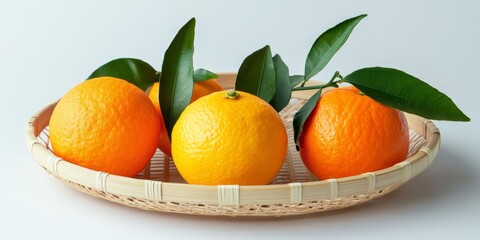 Fresh ripe citrus unshiu, satsuma, and TV orange displayed on a bamboo sieve against a white...