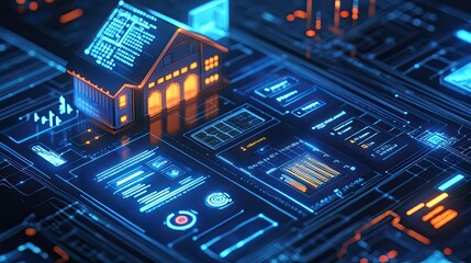 Naklejka premium Futuristic Smart Home Concept with Digital Interface and Technology Overlay Showcasing Modern Living and Home Automation Innovation