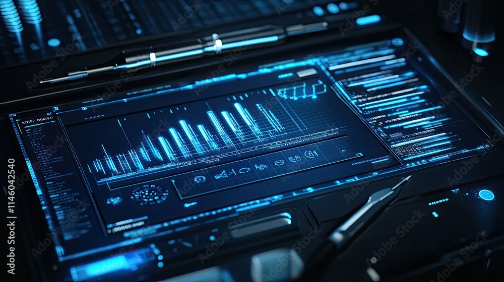 Poster futuristic digital dashboard interface displaying complex data analysis with graphs, charts, and inf