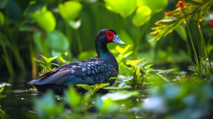A Muscovy duck camouflaged among lush plants by the lake s edge, showcasing its natural behavior in a serene environment with the Muscovy duck blending seamlessly into the surroundings.