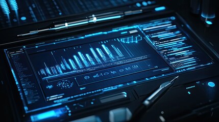 Futuristic Digital Dashboard Interface Displaying Complex Data Analysis with Graphs, Charts, and Information Technology Elements in a High-Tech Environment
