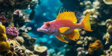 A hogfish gracefully swims around a vibrant tropical reef. Known for its unique behavior, the hogfish often digs in the sand for food, while facing predation largely from humans who enjoy its taste.