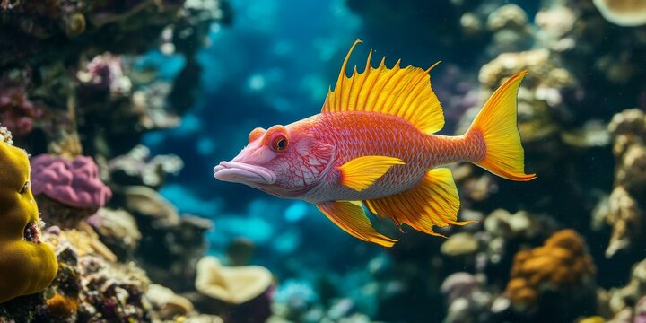 A hogfish gracefully swims around a vibrant tropical reef. Known for its unique behavior, the hogfish often digs in the sand for food, while facing predation largely from humans who enjoy its taste.