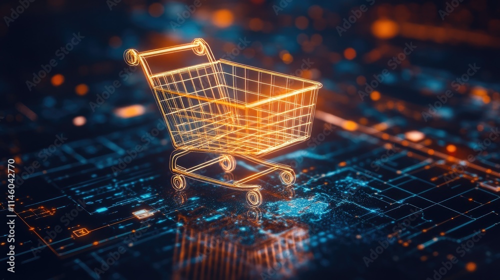 Poster digital shopping cart on abstract technology background with glowing elements and circuit patterns f