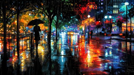 anime-style scene of a rainy street with reflections of city lights and a lone figure with an umbrella
