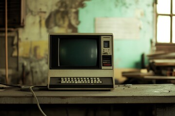 An old computer sitting on a table with a vintage look