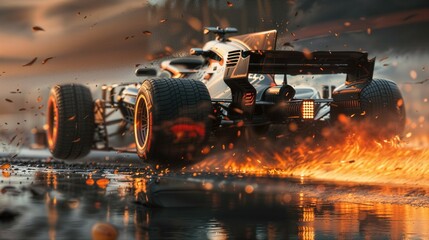 Formula car drifting on a wet track, sparks flying dramatically, capturing the intensity of motorsport adrenaline under a warm, fiery sunset