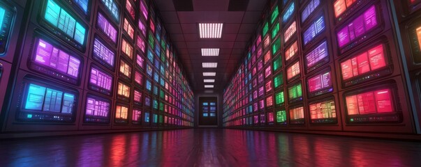 Exploring neon tech displays in a modern data center digital environment aesthetic perspective technology concept