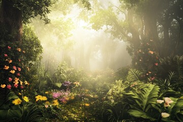 Fototapeta premium A dense and vibrant forest with an abundance of colorful flowers, perfect for outdoor adventures or nature-inspired designs