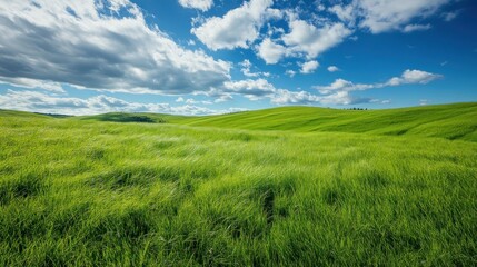Fototapeta premium Beautiful green grassland, rolling hills, clear blue sky with white clouds, stunning landscape photography.