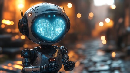 Robot with love hologram displays affection in vibrant urban setting at twilight