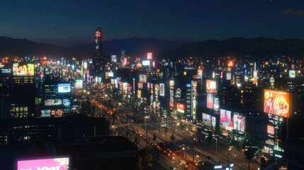 Obraz premium Vibrant Cityscape at Night with Illuminated Billboards and Busy Traffic Showcasing Urban Life and Modern Architecture in a Dynamic Metropolis Setting