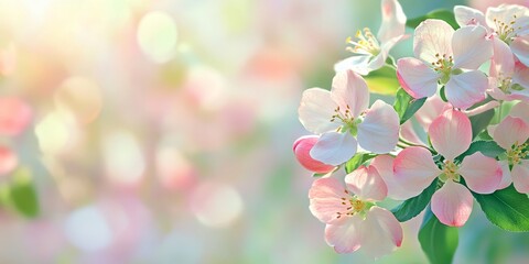 Apple blossoms are beautifully in full bloom, showcasing vibrant colors and delicate petals. This wide format image of apple blossoms provides ample copy space for your text needs.