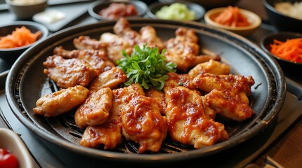 Fototapeta premium Delicious Grilled Meat and Vegetables on a Korean Style Hot Plate, Generative AI
