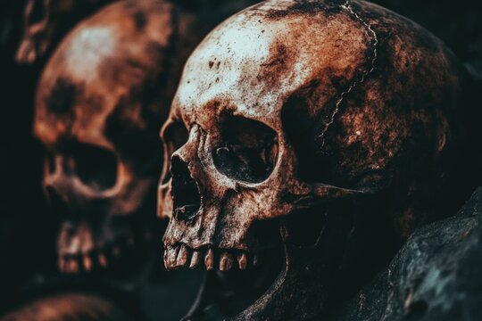 A group of skulls sit atop a pile of rocks, suggesting a senseless violence or a macabre monument