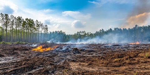Preparing land for construction involves burning uprooted trees to clear the area effectively. The process of preparing land for construction ensures a clean slate before construction starts.