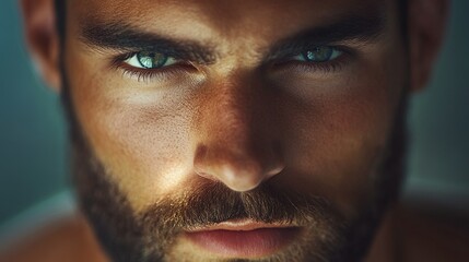 Obraz premium Close-up portrait of a man with a rugged beard, dark eyes, and smooth skin, natural lighting highlighting his sharp features.