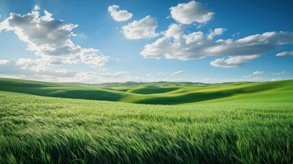 Obraz premium Beautiful green grassland, rolling hills, clear blue sky with white clouds, stunning landscape photography.