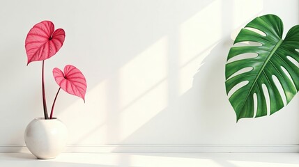 Serene Minimalist Interior Featuring Pink and Green Foliage in a White Pot