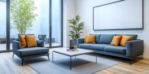 Fototapeta premium Elegant living area with soft blue upholstery and vibrant orange cushions