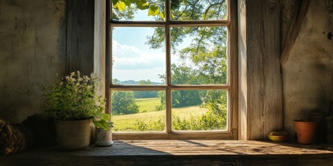 Rustic window view from a farmer house, showcasing the charm and simplicity of rural life. The farmer house window offers a glimpse into the serene landscape and evokes a sense of tranquility.