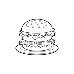 Vector Cartoon Hand Drawn Crispy Chicken Burger With Mayo Tomato Cheese Mustard And Lettuce Line Art