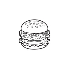 Vector Cartoon Hand Drawn Crispy Chicken Burger With Mayo Tomato Cheese Mustard And Lettuce Line Art