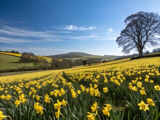 A sprawling field filled with yellow daffodils under a bright sky