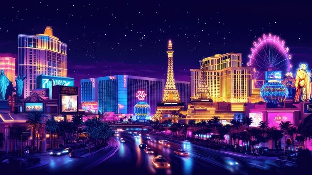 Vibrant Night View of the Las Vegas Strip with Colorful Lights, Iconic Landmarks, and Starry Sky Reflected in the Roads, Capturing the Essence of Entertainment and Excitement