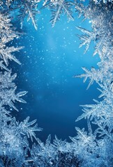 Beautiful Frosted Ice Border on a Vibrant Blue Background Creating a Winter Wonderland Effect Ideal for Holiday and Seasonal Designs