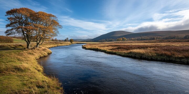 Scenic view of River Ythan flowing through a nature reserve, showcasing the beauty of the river and its surrounding landscape, perfect for illustrating the tranquility of a natural setting.