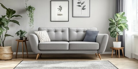 Cozy and inviting, this grey textile couch enhances the modern living room interior. The comfortable couch complements the chic furniture, rug, and houseplant, creating a perfect relaxing space.