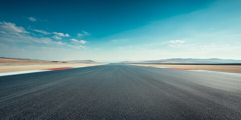 Deserted raceway under a vast, clear blue sky, showcasing an expansive, open space where the track lies empty against the backdrop of a bright, cloudless horizon.