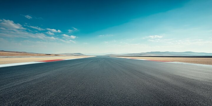 Deserted raceway under a vast, clear blue sky, showcasing an expansive, open space where the track lies empty against the backdrop of a bright, cloudless horizon.