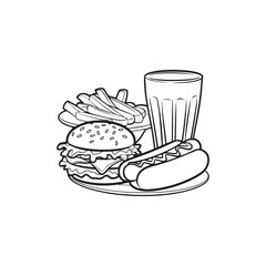 Black and white line art poster fast food soda burger fries hot dog. Coloring book page for adults and kids. Comfort unhealthy food vector illustration for gift card
