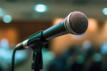A professional microphone stand set up before a live audience, ready for the performance to begin