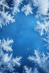 Beautiful Frosty Snowflakes on a Deep Blue Background, Creating a Winter Wonderland Frame, Perfect for Seasonal Themes and Holiday Designs